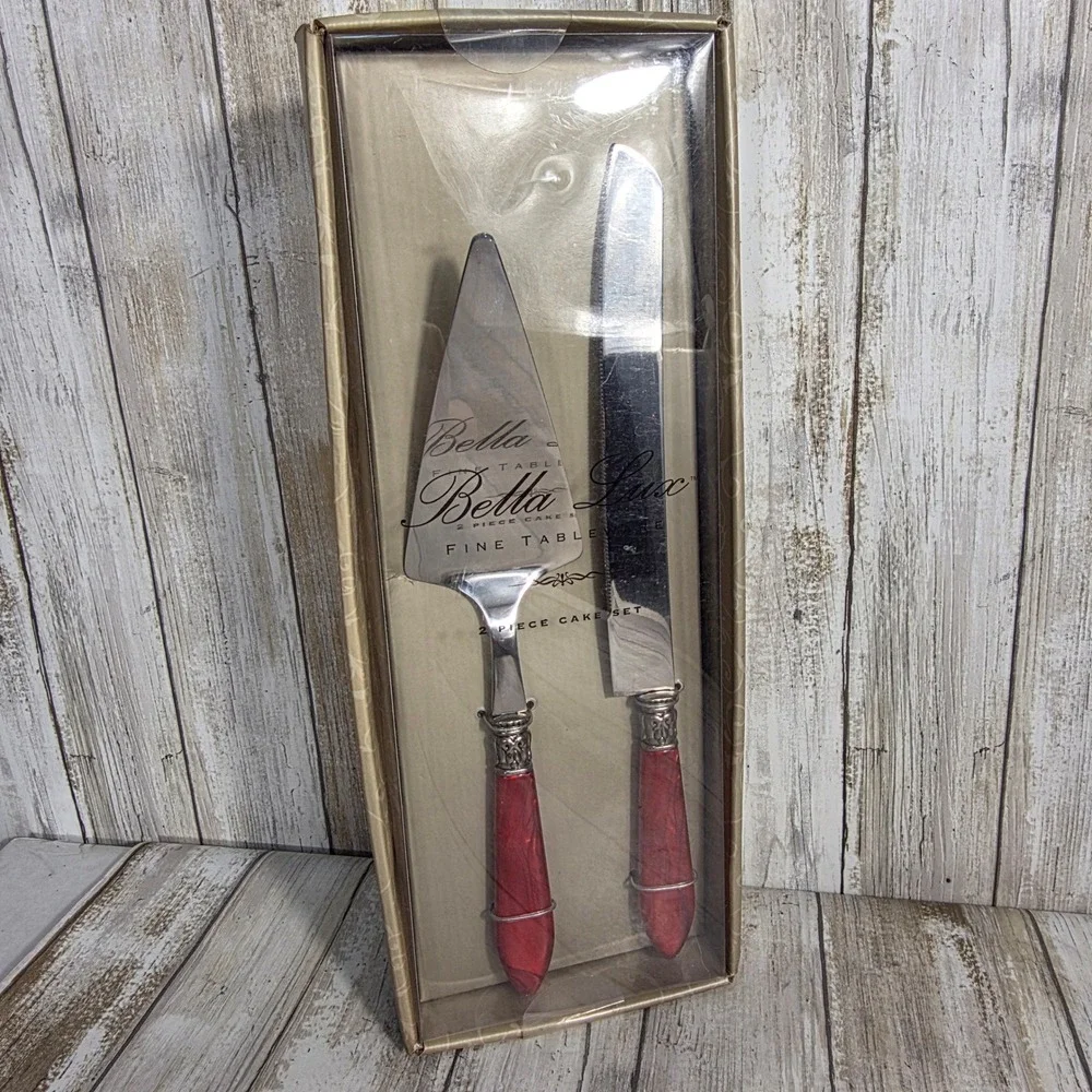 Bella Lux 2 Piece Cake Serving Set Cameo Red Marbled Handles Stainless Steel NEW